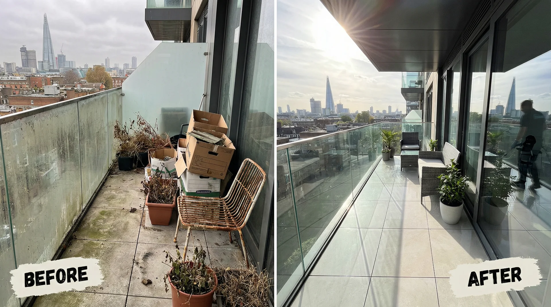Before and after balcony cleaning transformation in London